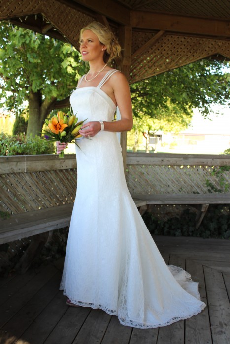 Panelled A-line Wedding Dress with lace over satin. Triple strap and bias satin feature on bodice.