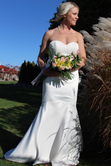 Strapless Trumpet Empire Gown with lace bodice.